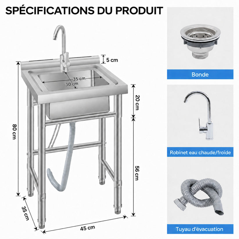 Évier utilitaire avec robinet fixe, tuyau d’évacuation en PVC et pieds réglables