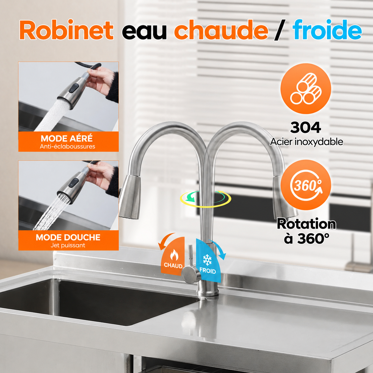 Garvee Évier en acier inoxydable 99 cm avec tiroir à droite, plan de travail, robinet eau chaude/froide pour cuisine et atelier