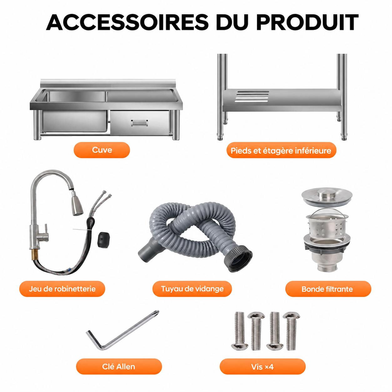 Garvee Évier en acier inoxydable 99 cm avec tiroir à droite, plan de travail, robinet eau chaude/froide pour cuisine et atelier