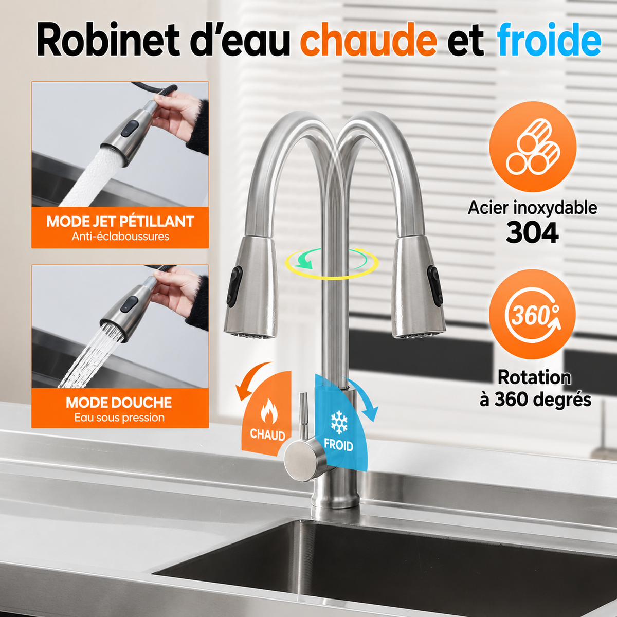 Garvee Plonge Professionnelle Inox 99 cm sur Pied avec Égouttoir, Robinet Eau Chaude/Froide, Cuisine Restaurant et Atelier
