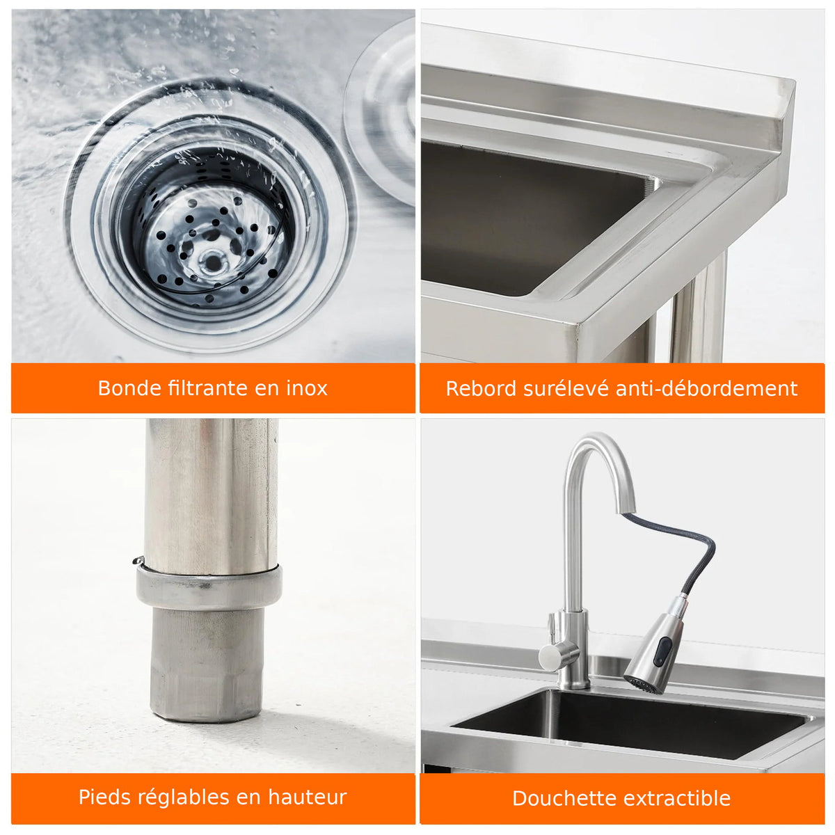 Garvee Plonge Professionnelle Inox 99 cm sur Pied avec Égouttoir, Robinet Eau Chaude/Froide, Cuisine Restaurant et Atelier