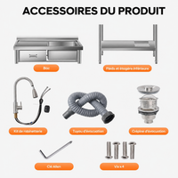Garvee Plonge Professionnelle Inox 99 cm sur Pied avec Égouttoir, Robinet Eau Chaude/Froide, Cuisine Restaurant et Atelier