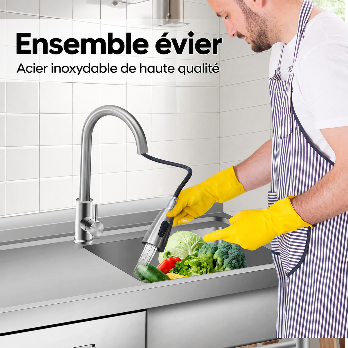 Garvee Plonge Professionnelle Inox 99 cm sur Pied avec Égouttoir, Robinet Eau Chaude/Froide, Cuisine Restaurant et Atelier