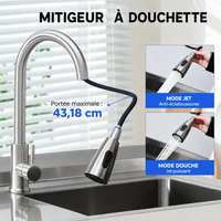 Garvee Évier en Acier Inoxydable 201, 1 Bac avec Égouttoir et Robinet Extractible, 99 × 50 × 94 cm, pour Cuisine Moderne, Argenté