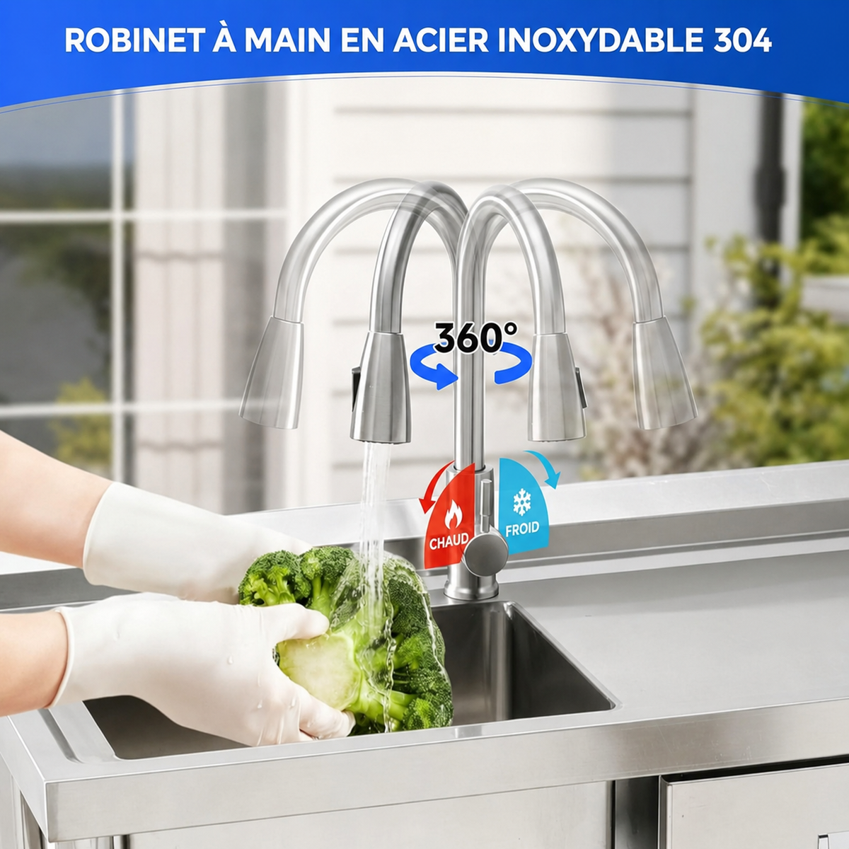 Garvee Évier en Acier Inoxydable 201, 1 Bac avec Égouttoir et Robinet Extractible, 99 × 50 × 94 cm, pour Cuisine Moderne, Argenté