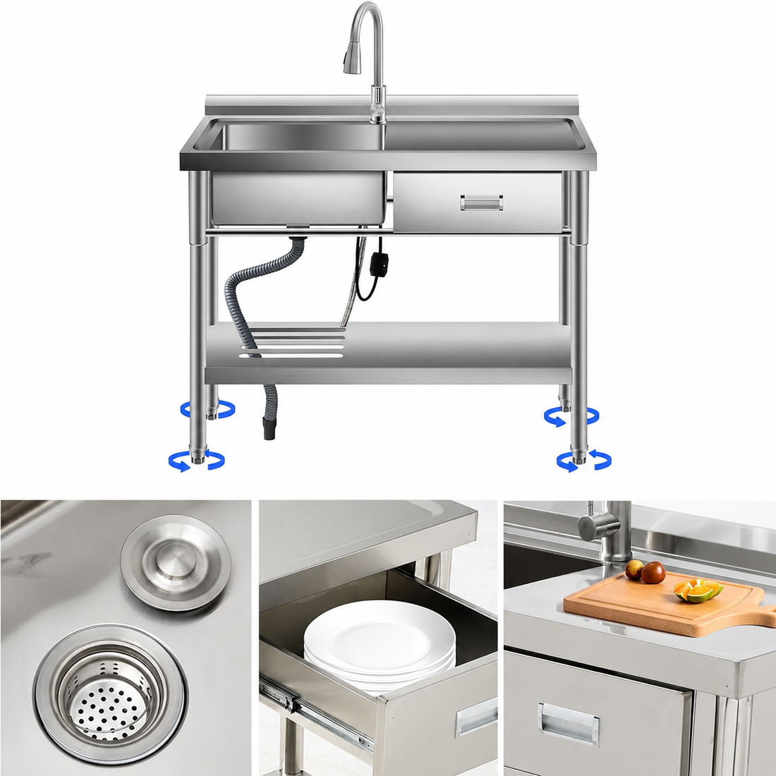 Garvee Fregadero 201 Inox 1 Seno Avec Escurridor Grifo Extractible Acier Inoxydable 201 Cuisine Moderne 99x50x94cm Argent