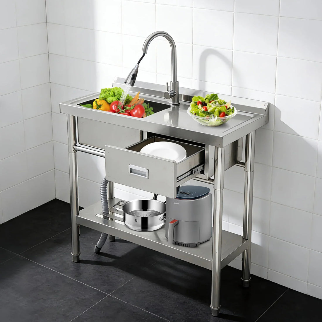 Garvee Évier Professionnel Inox sur Pieds 99 cm, Cuve Simple avec Tiroirs et Étagère Inférieure, Eau Chaude et Froide, pour Cuisine et Restaurant