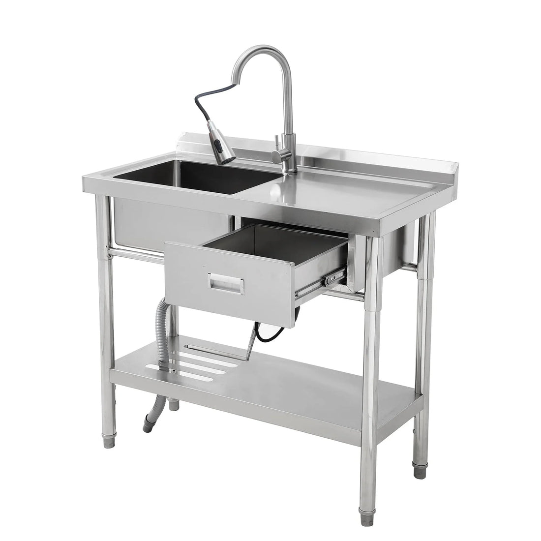 Garvee Évier Professionnel Inox sur Pieds 99 cm, Cuve Simple avec Tiroirs et Étagère Inférieure, Eau Chaude et Froide, pour Cuisine et Restaurant