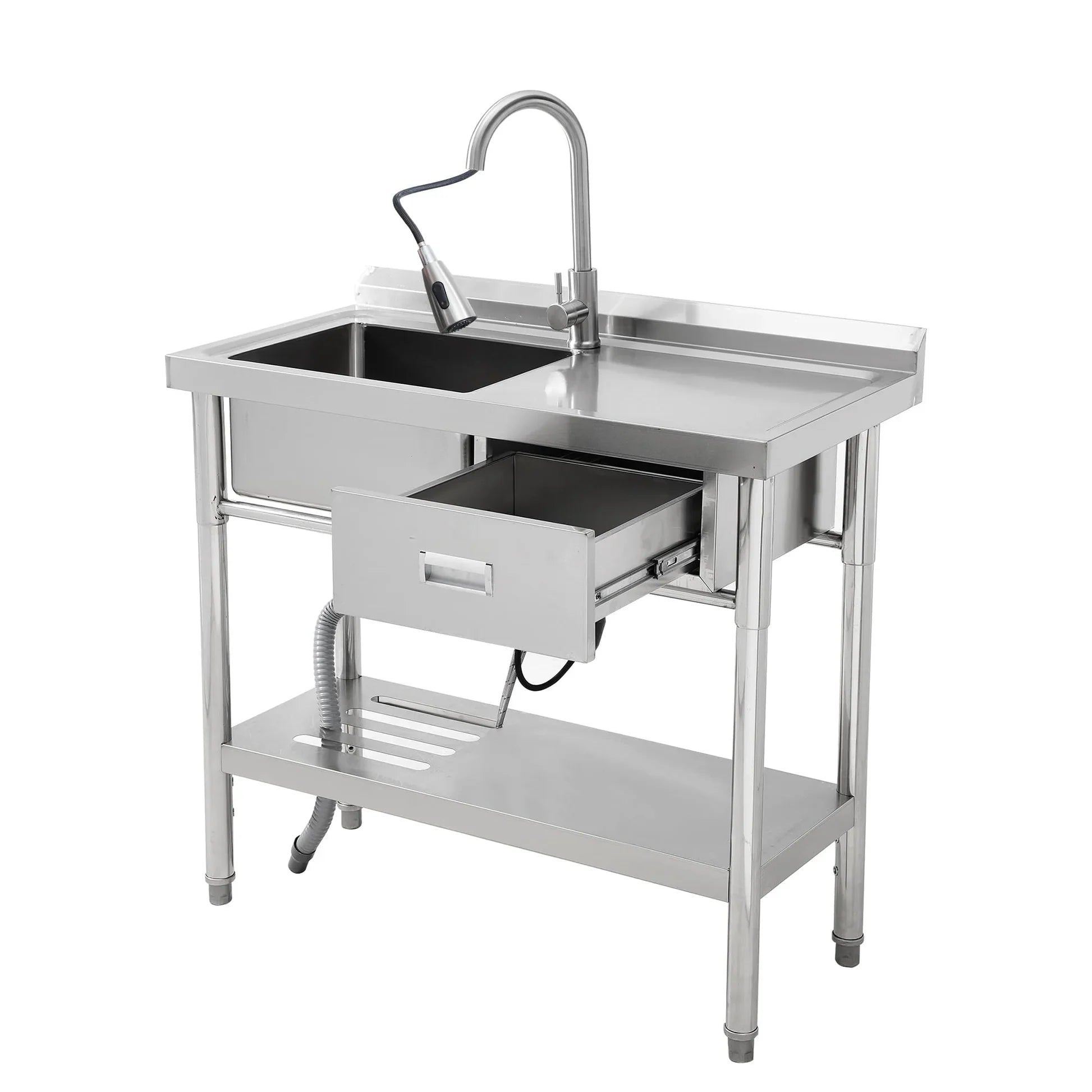 Garvee Évier Professionnel Inox sur Pieds 99 cm, Cuve Simple avec Tiroirs et Étagère Inférieure, Eau Chaude et Froide, pour Cuisine et Restaurant