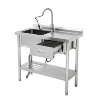 Garvee Évier Professionnel Inox sur Pieds 99 cm, Cuve Simple avec Tiroirs et Étagère Inférieure, Eau Chaude et Froide, pour Cuisine et Restaurant