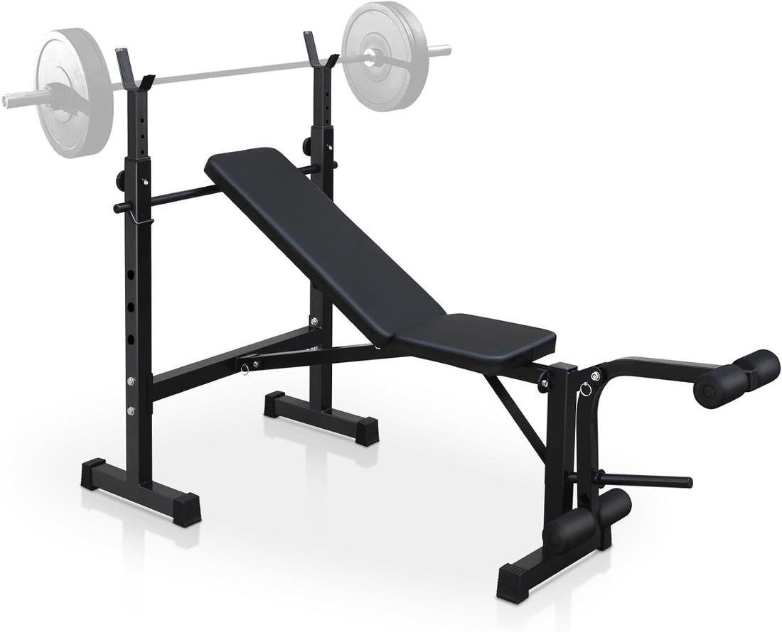 Banc de musculation olympique Garvee, réglable avec extension des jambes et coussin pour curl, idéal pour l'entraînement à domicile. Structure en métal, pliable, revêtement en cuir, stable, capacité de 150 kg.