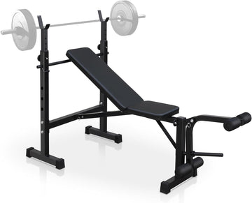 Banc de musculation olympique Garvee, réglable avec extension des jambes et coussin pour curl, idéal pour l'entraînement à domicile. Structure en métal, pliable, revêtement en cuir, stable, capacité de 150 kg.