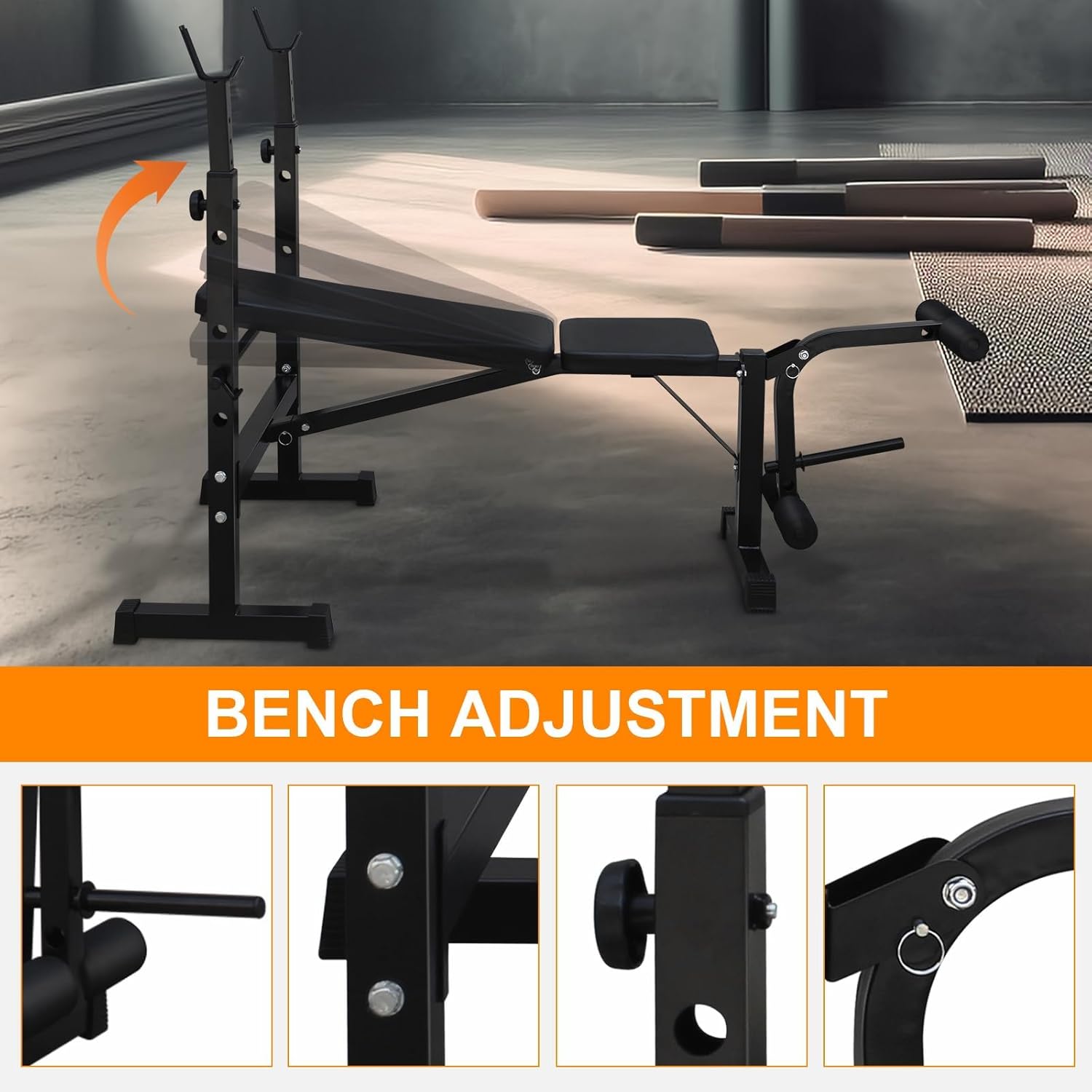 Banc de musculation olympique Garvee, réglable avec extension des jambes et coussin pour curl, idéal pour l'entraînement à domicile. Structure en métal, pliable, revêtement en cuir, stable, capacité de 150 kg.