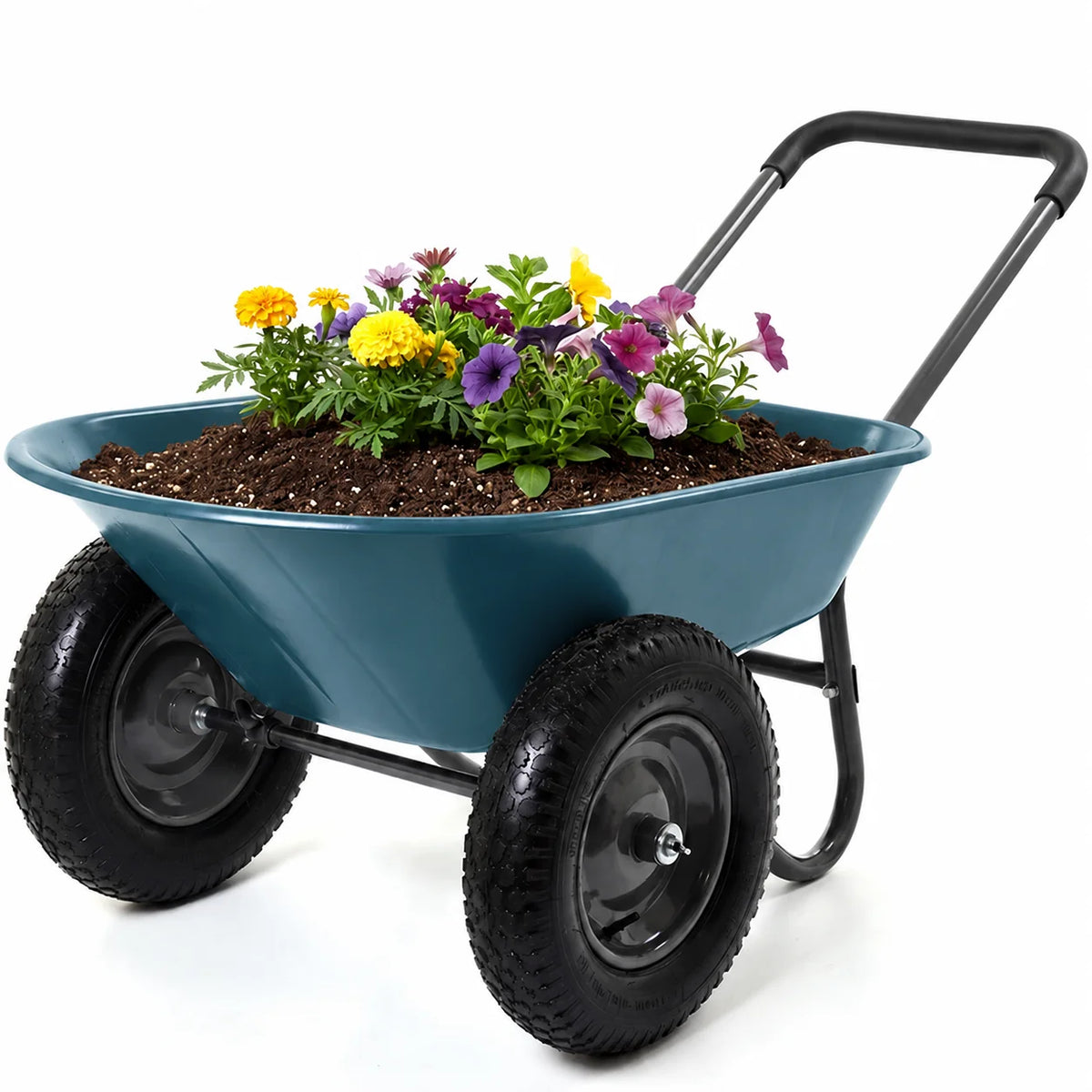 Garvee Chariot de Jardin à 2 Roues, Capacité de Charge de 272 kg, Bac en Polyéthylène, Cadre en Acier, 66 × 124 cm, pour Jardin et Extérieur, Bleu