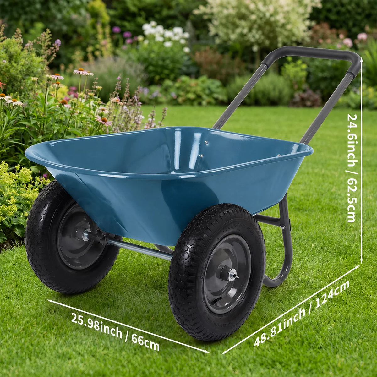 Garvee Chariot de Jardin à 2 Roues, Capacité de Charge de 272 kg, Bac en Polyéthylène, Cadre en Acier, 66 × 124 cm, pour Jardin et Extérieur, Bleu