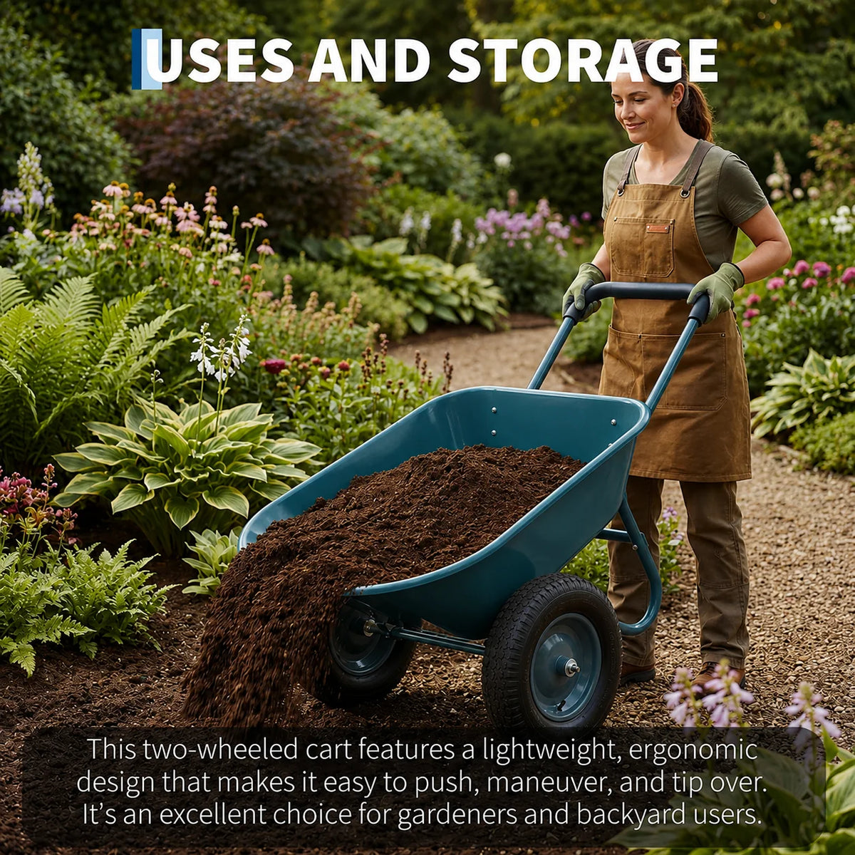 Garvee Chariot de Jardin à 2 Roues, Capacité de Charge de 272 kg, Bac en Polyéthylène, Cadre en Acier, 66 × 124 cm, pour Jardin et Extérieur, Bleu