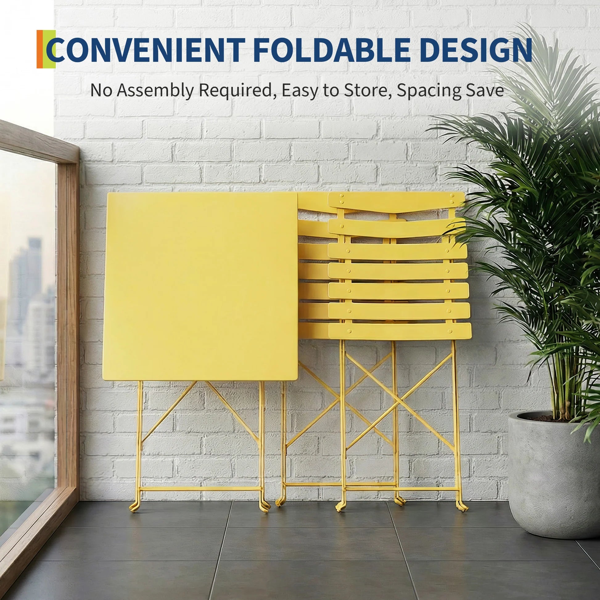 Garvee Salon de Jardin 3 Pièces, Ensemble Table et 2 Chaises Pliantes, Compact et Durable, Jaune, Idéal pour Balcon et Jardin
