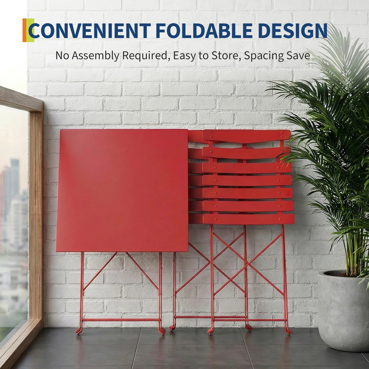 Garvee Salon de Jardin 3 Pièces, Ensemble Table et 2 Chaises Pliantes, Compact et Durable, Rouge, Idéal pour Balcon et Jardin