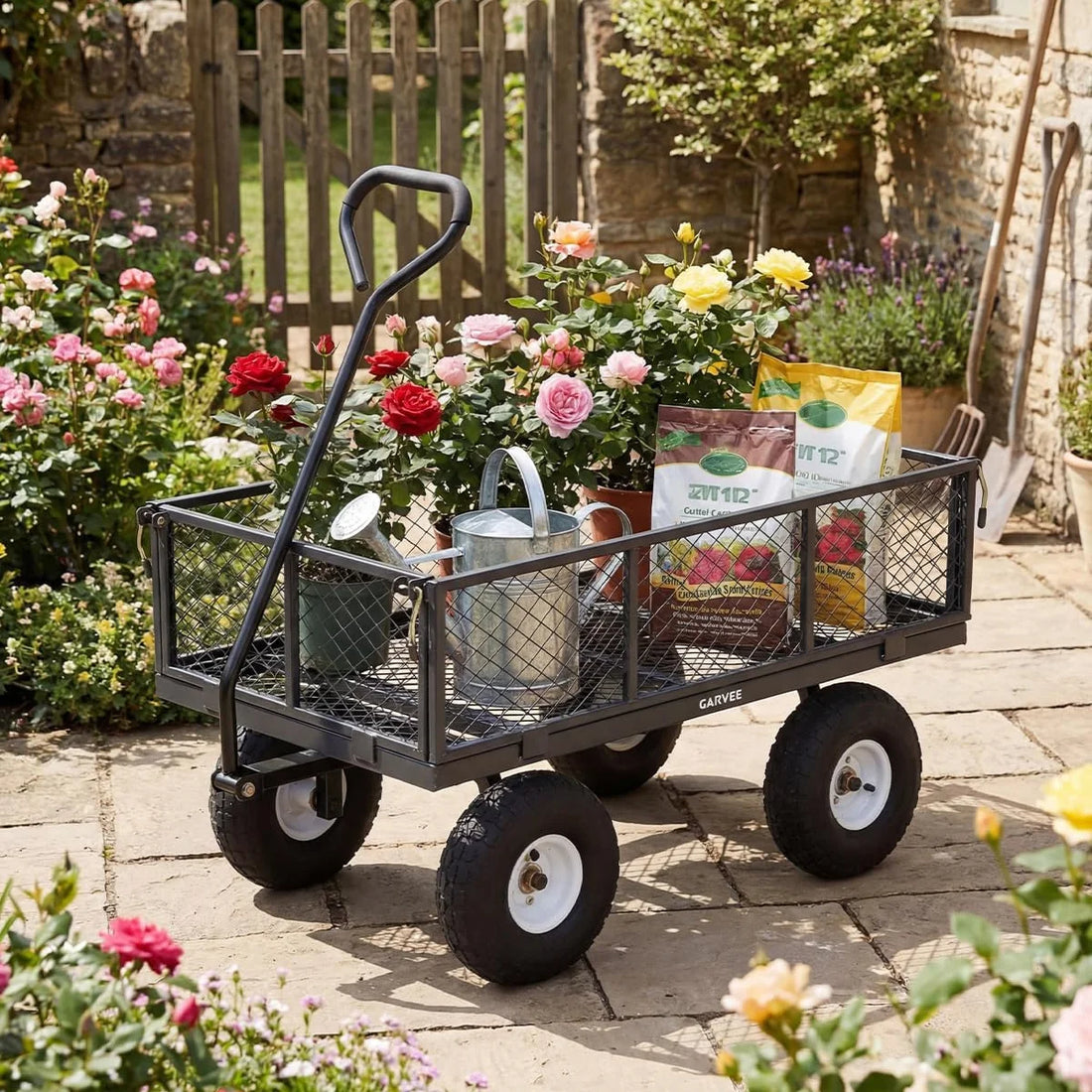 GARVEE Chariot de jardin en acier, charge maximale 363 kg, ridelles grillagées amovibles, 96 × 54 × 22 cm, gris