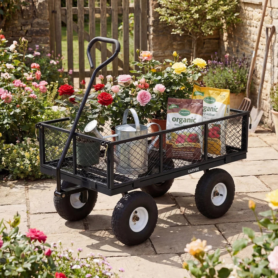 Garvee Chariot de Jardin 363 kg avec Côtés Grillagés Amovibles, 96 × 54 × 22 cm, en Acier Robuste, pour Jardin et Ferme, Noir