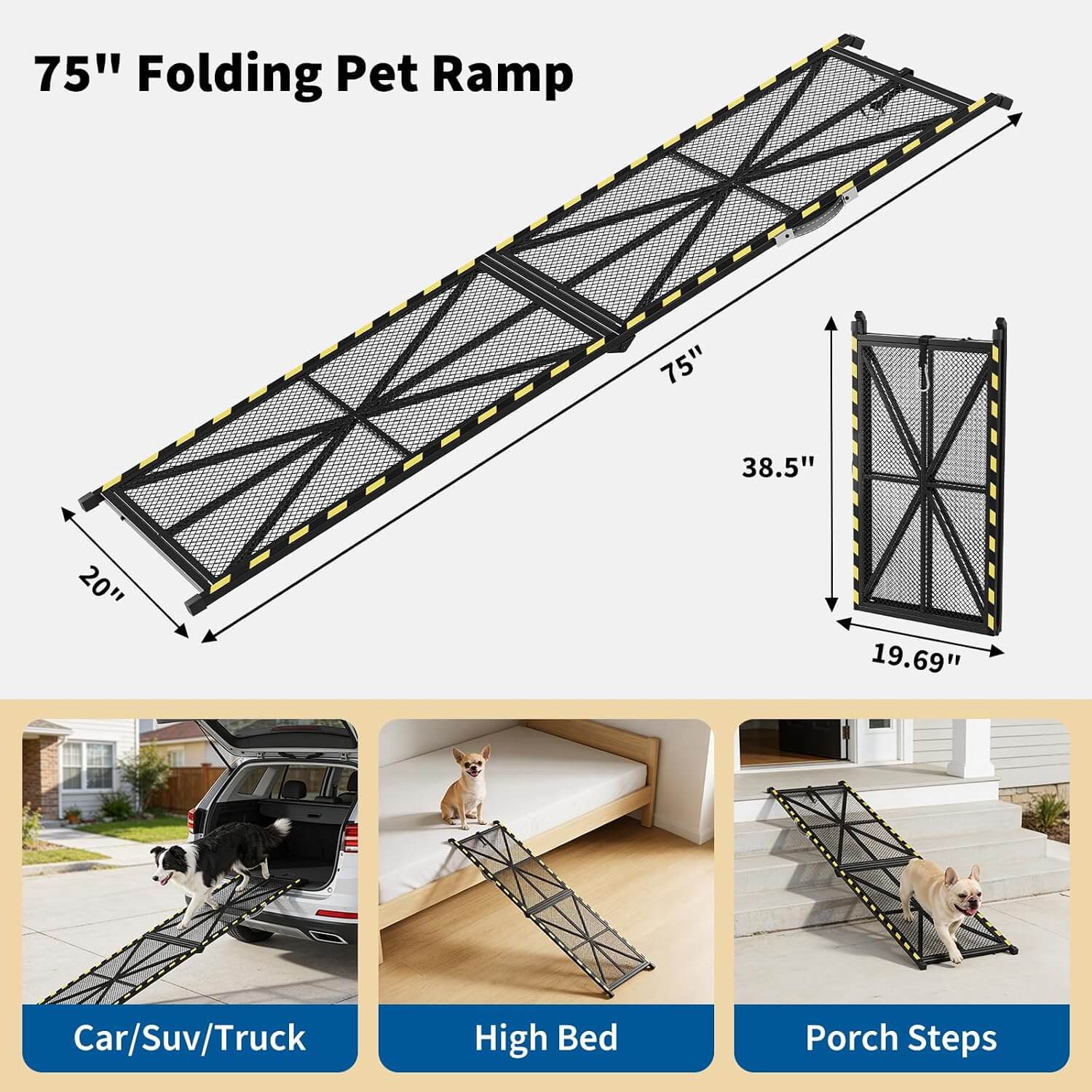 Garvee Rampe d'Accès pour Chien Pliable pour Voiture, 190,5 × 51 cm, Capacité jusqu'à 136 kg, en Acier Antidérapant, pour Chiens de Grande Taille et Âgés, SUV et Camping-Cars