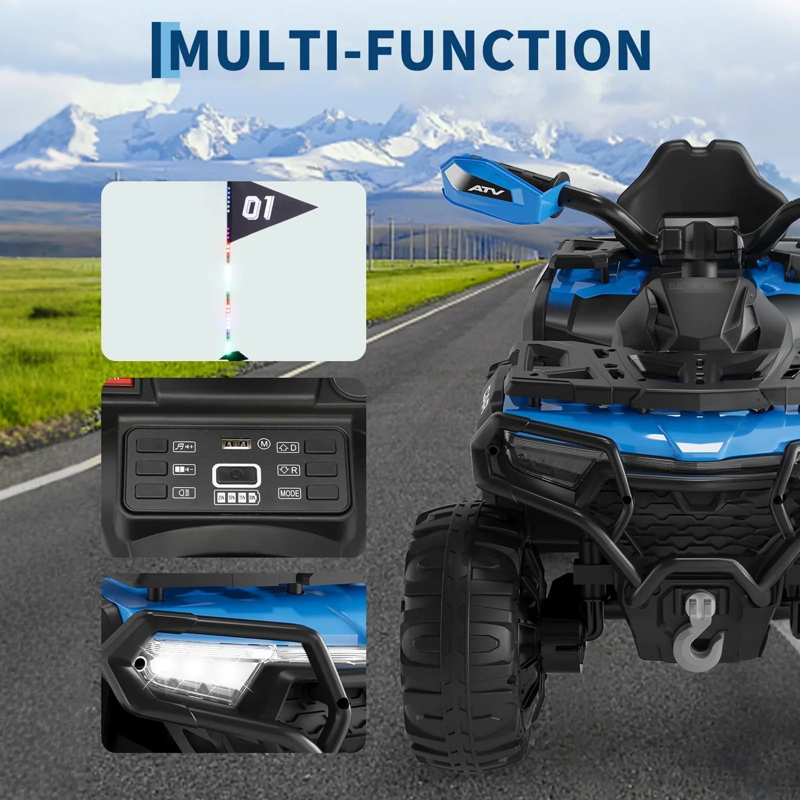 Garvee Quad Électrique 12 V pour Enfants de 3 à 6 Ans, 2 Moteurs Puissants, Télécommande Parentale, Éclairage LED, 4 Roues Robustes, 95 × 56 × 55 cm, pour Extérieur, Bleu