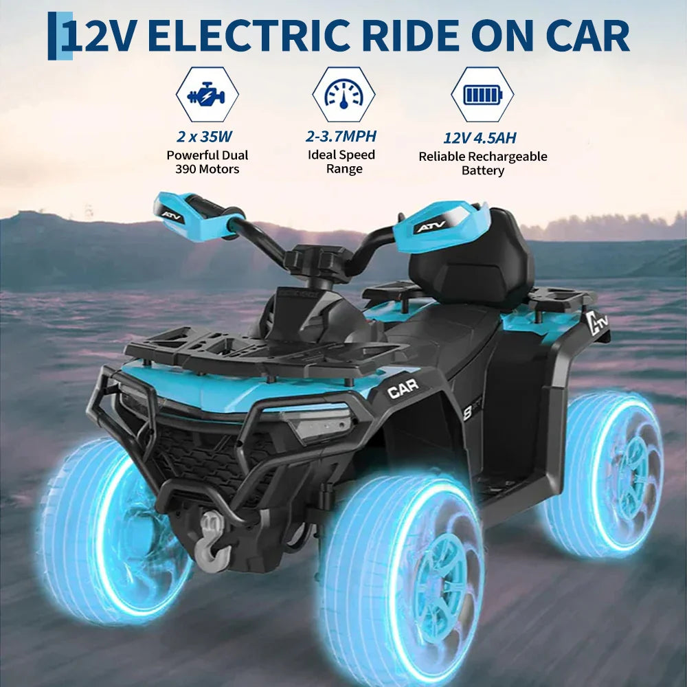 Garvee Quad Électrique 12 V pour Enfants de 3 à 6 Ans, 2 Moteurs Puissants, Télécommande Parentale, Éclairage LED, 4 Roues Robustes, 95 × 56 × 55 cm, pour Extérieur, Bleu ciel