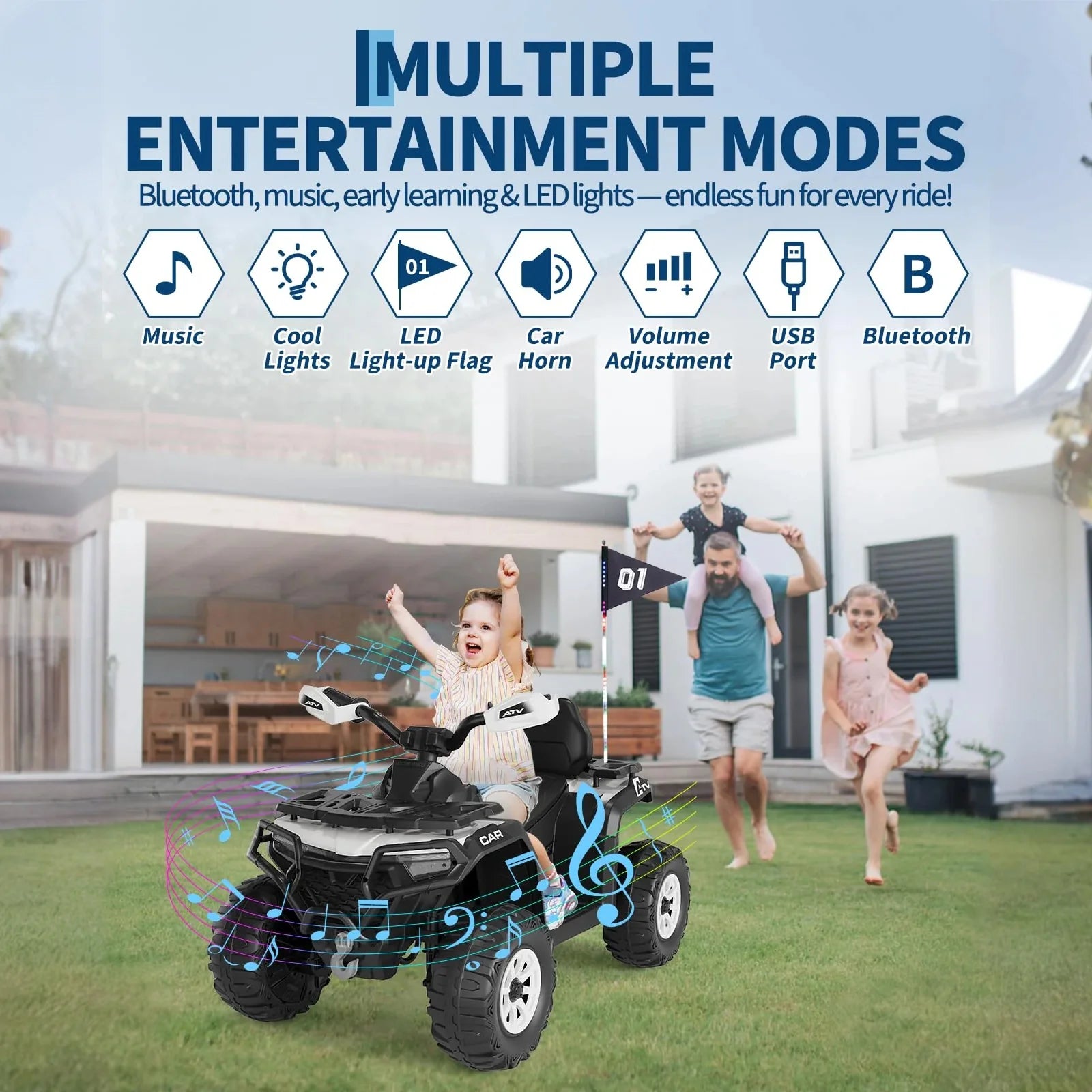 Garvee Quad Électrique 12 V pour Enfants de 3 à 6 Ans, 2 Moteurs Puissants, Télécommande Parentale, Éclairage LED, 4 Roues Robustes, 95 × 56 × 55 cm, pour Extérieur, Argenté