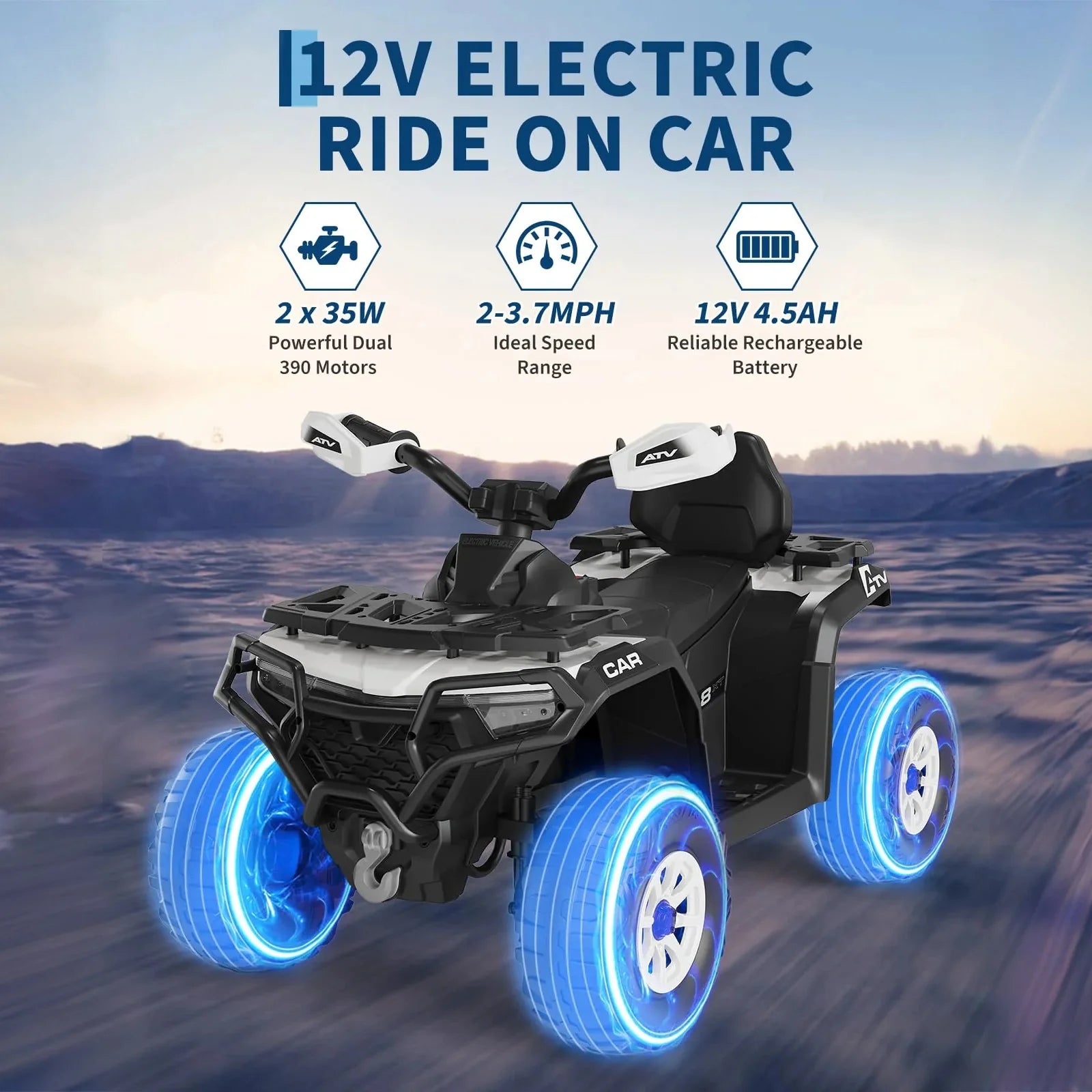 Garvee Quad Électrique 12 V pour Enfants de 3 à 6 Ans, 2 Moteurs Puissants, Télécommande Parentale, Éclairage LED, 4 Roues Robustes, 95 × 56 × 55 cm, pour Extérieur, Argenté