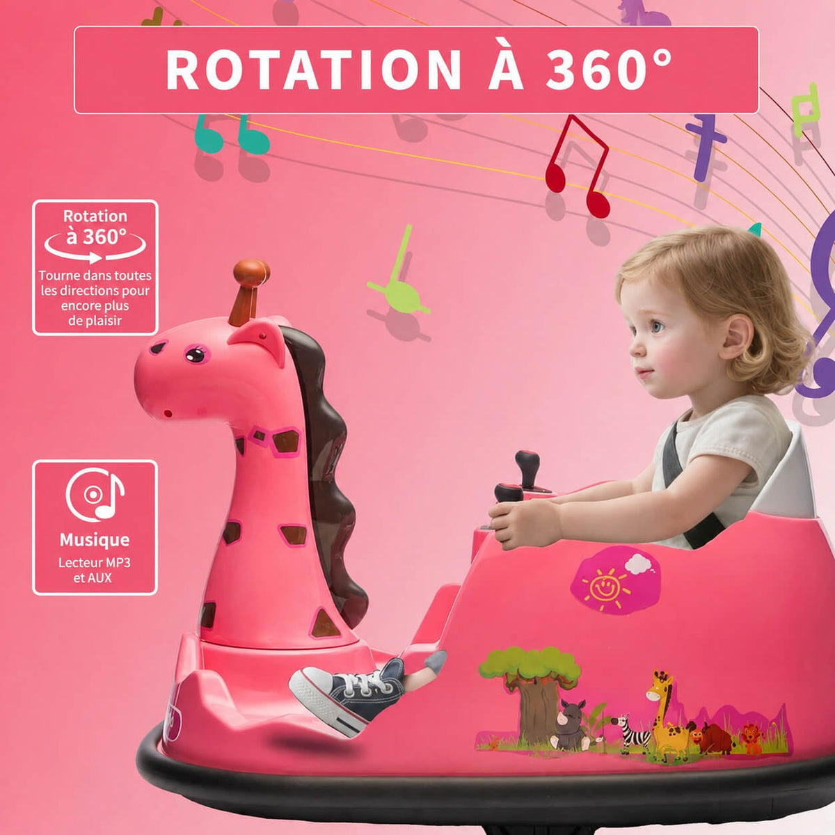 Garvee Voiture Auto-Tamponneuse Électrique pour Enfants 6 V, Design Girafe, Rose, Éclairage LED et Musique, pour Enfants de 2 à 5 Ans