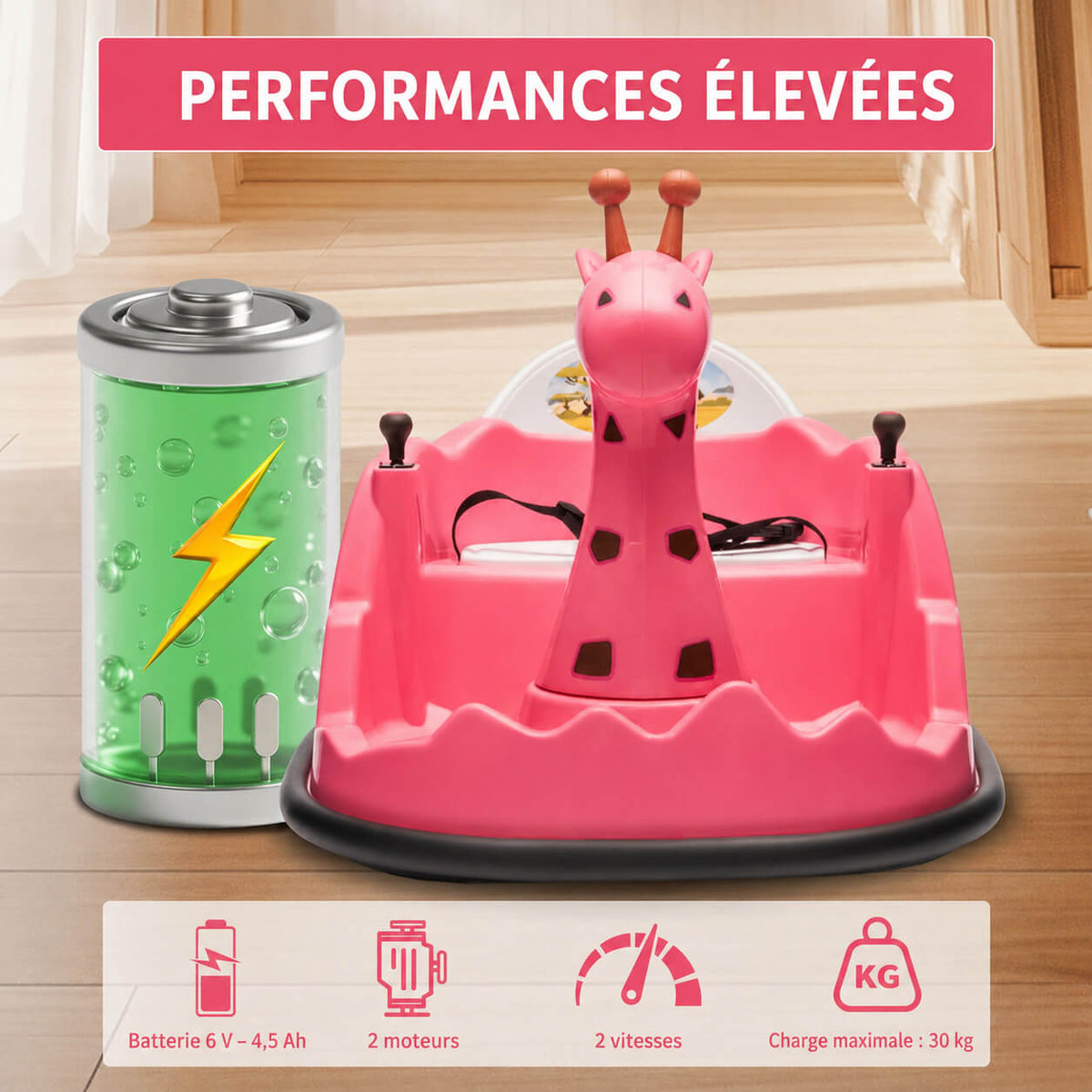 Garvee Voiture Auto-Tamponneuse Électrique pour Enfants 6 V, Design Girafe, Rose, Éclairage LED et Musique, pour Enfants de 2 à 5 Ans