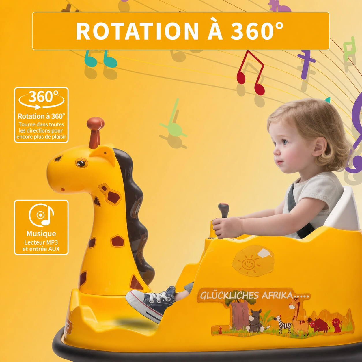 Garvee Voiture Auto-Tamponneuse Électrique pour Enfants 6 V, Design Girafe, Jaune, Éclairage LED et Musique, pour Enfants de 2 à 5 Ans
