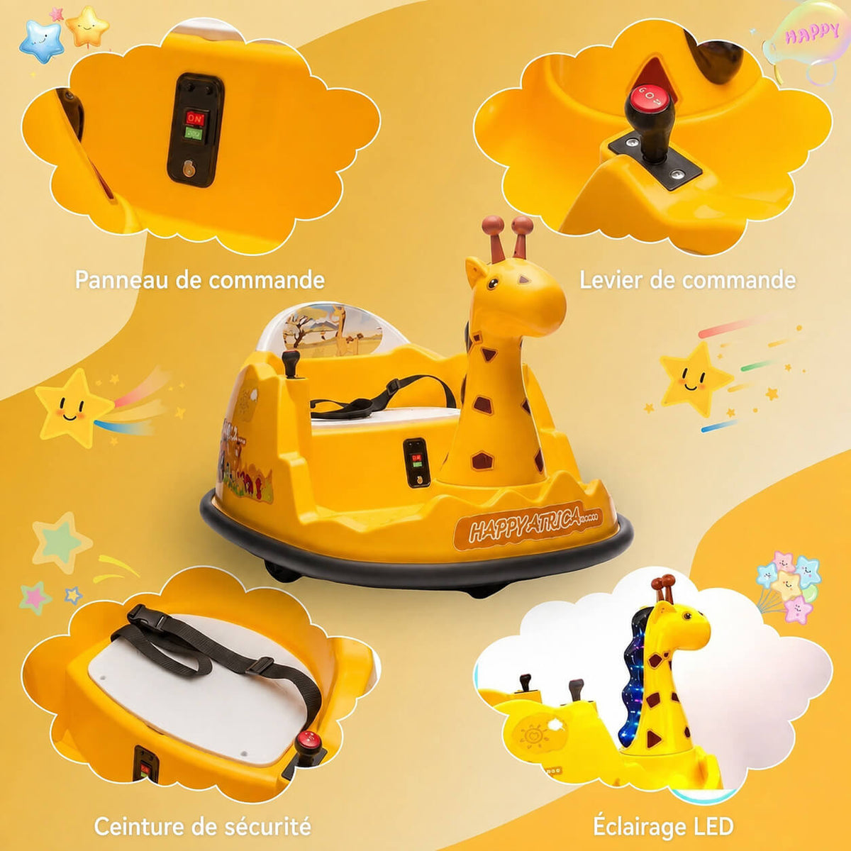 Garvee Voiture Auto-Tamponneuse Électrique pour Enfants 6 V, Design Girafe, Jaune, Éclairage LED et Musique, pour Enfants de 2 à 5 Ans