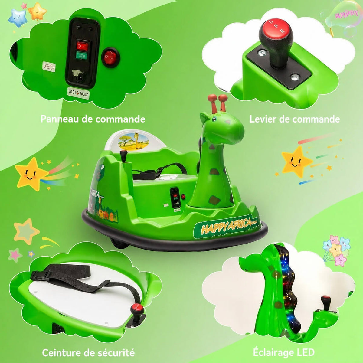 Garvee Voiture Auto-Tamponneuse Électrique pour Enfants 6 V, Design Girafe, Vert, Éclairage LED et Musique, pour Enfants de 2 à 5 Ans