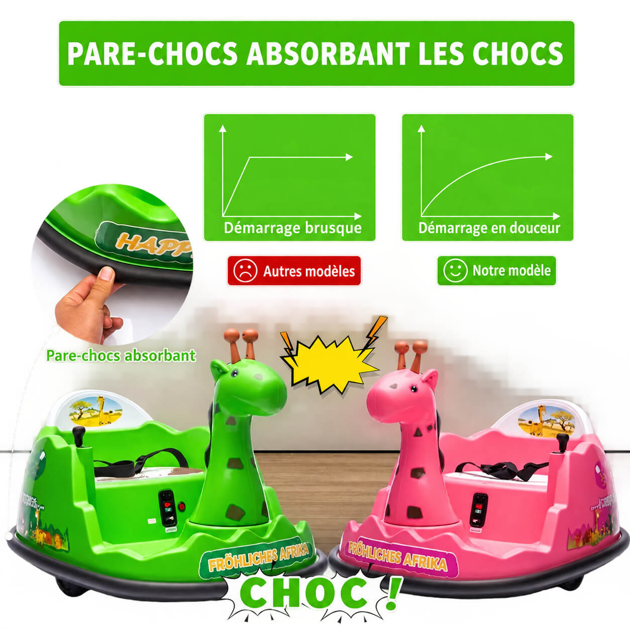 Garvee Voiture Auto-Tamponneuse Électrique pour Enfants 6 V, Design Girafe, Vert, Éclairage LED et Musique, pour Enfants de 2 à 5 Ans