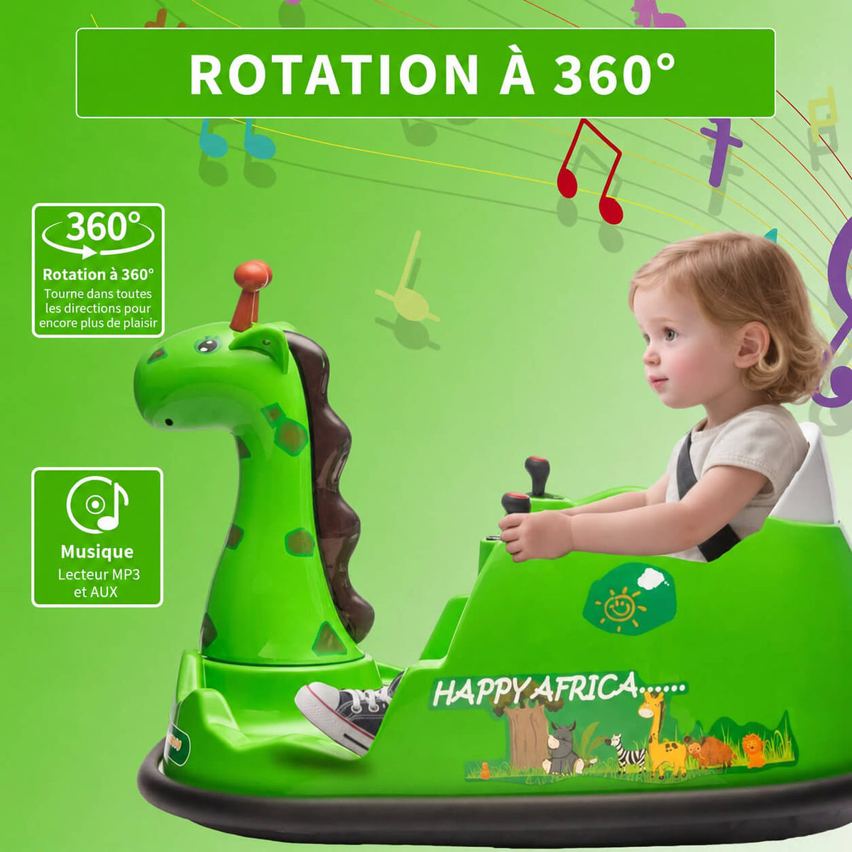 Garvee Voiture Auto-Tamponneuse Électrique pour Enfants 6 V, Design Girafe, Vert, Éclairage LED et Musique, pour Enfants de 2 à 5 Ans
