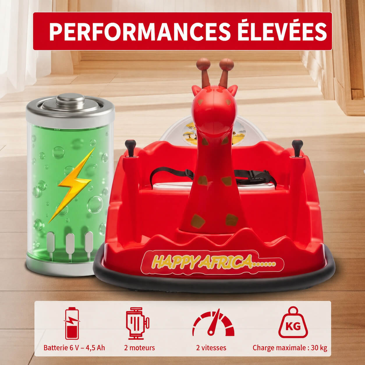 Garvee Voiture Auto-Tamponneuse Électrique pour Enfants 6 V, Design Girafe, Rouge, Éclairage LED et Musique, pour Enfants de 2 à 5 Ans
