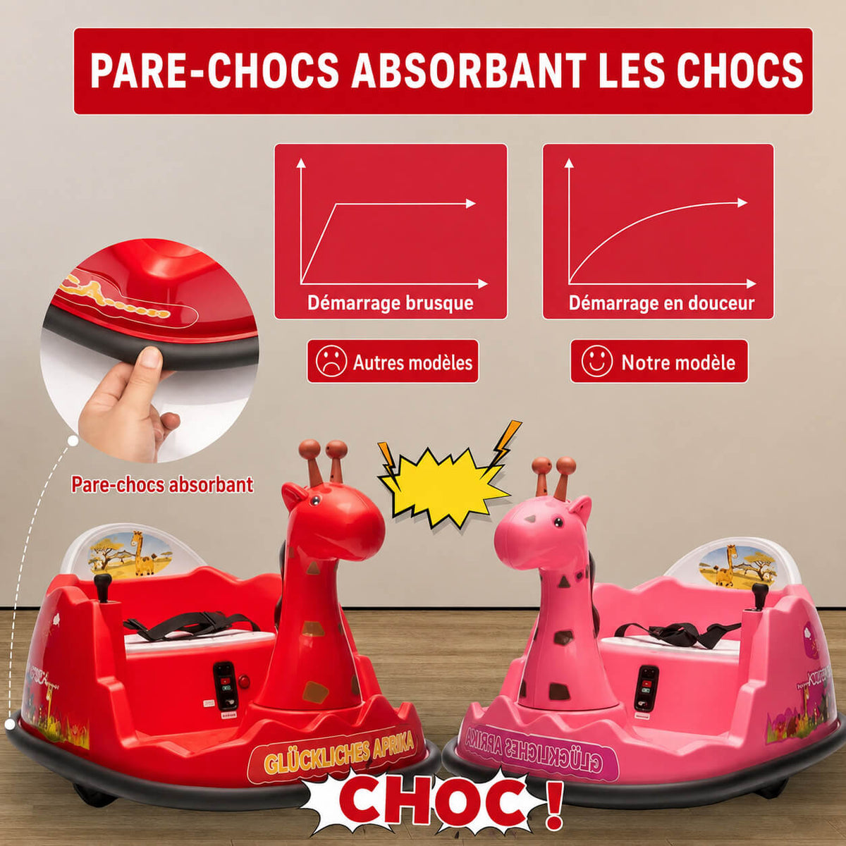 Garvee Voiture Auto-Tamponneuse Électrique pour Enfants 6 V, Design Girafe, Rouge, Éclairage LED et Musique, pour Enfants de 2 à 5 Ans
