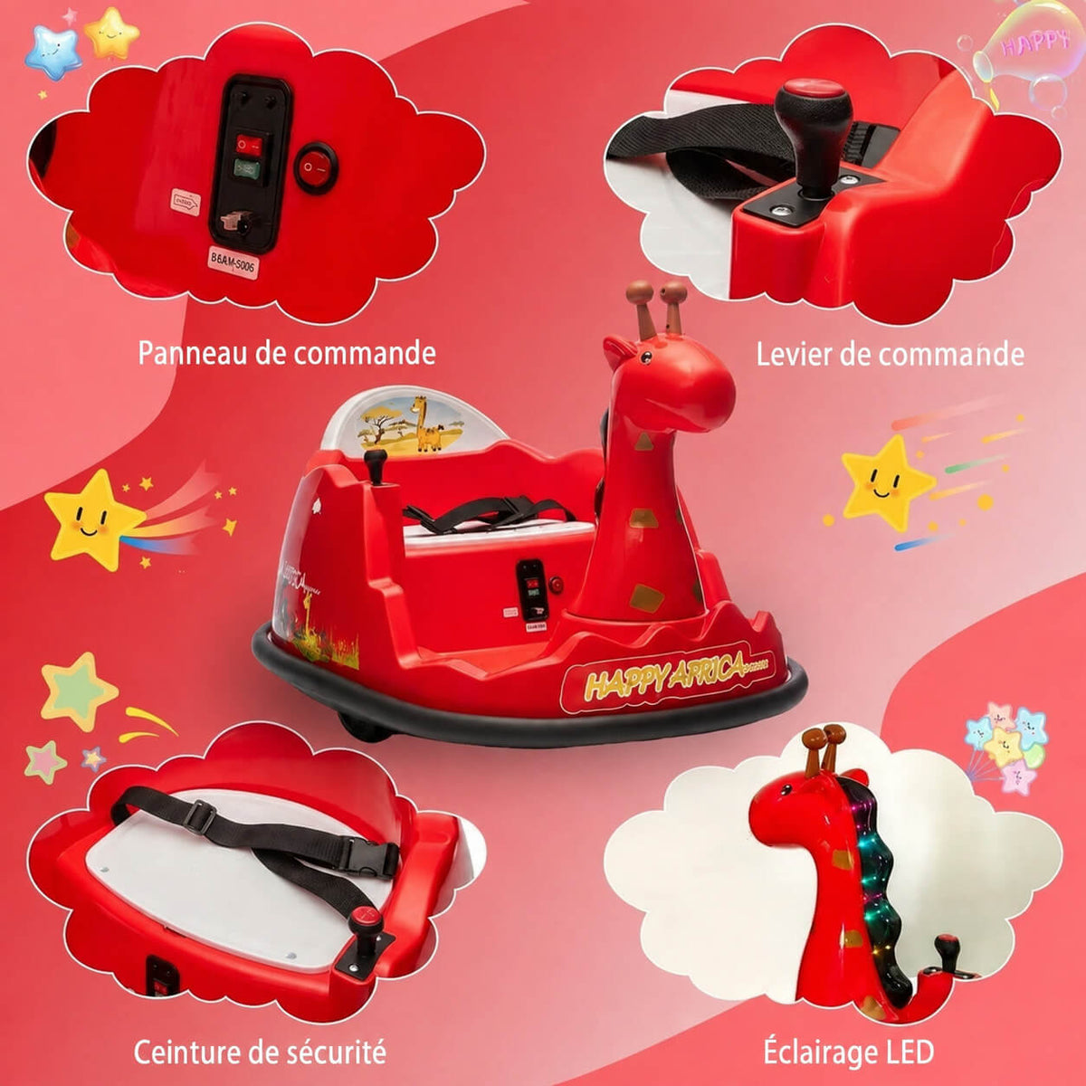 Garvee Voiture Auto-Tamponneuse Électrique pour Enfants 6 V, Design Girafe, Rouge, Éclairage LED et Musique, pour Enfants de 2 à 5 Ans