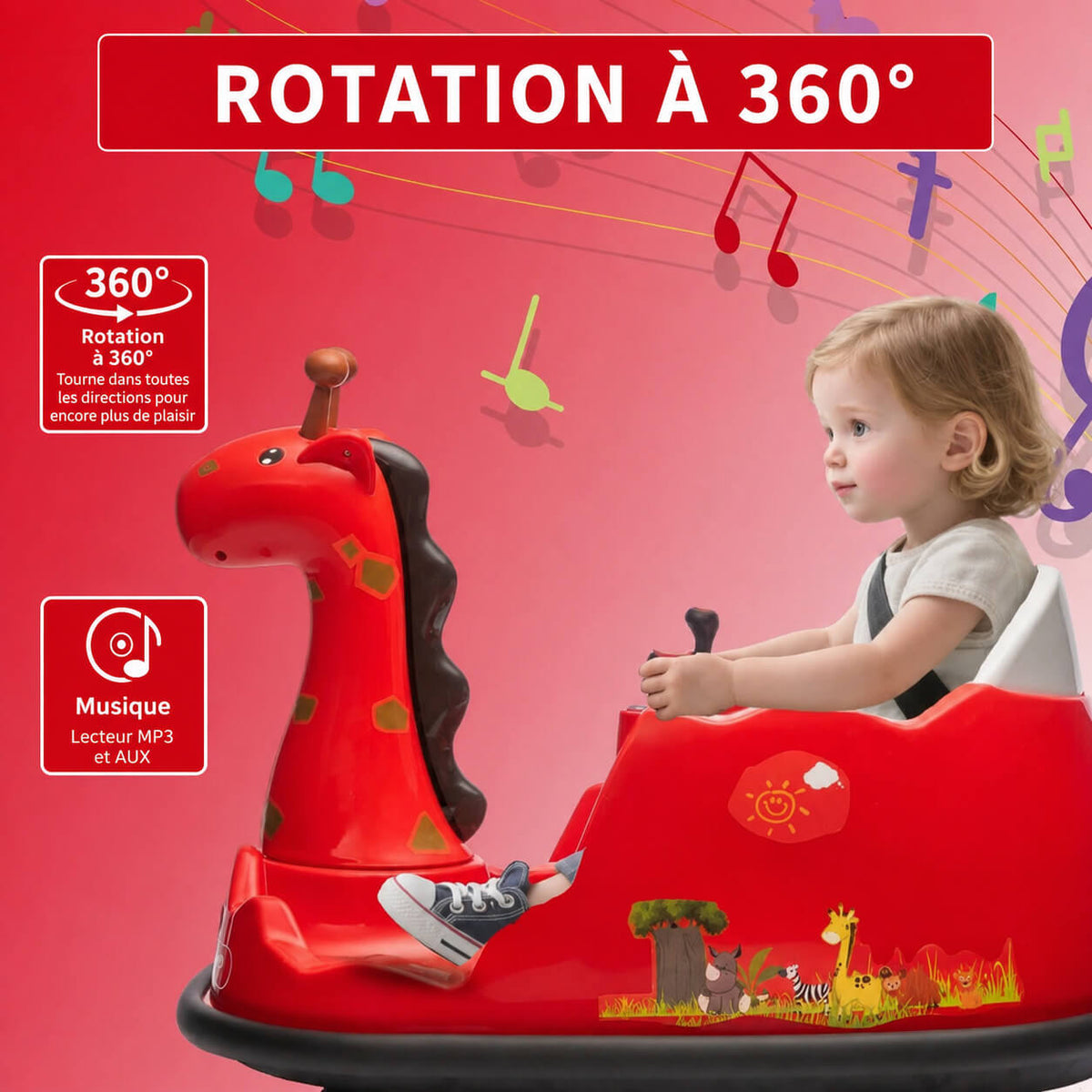 Garvee Voiture Auto-Tamponneuse Électrique pour Enfants 6 V, Design Girafe, Rouge, Éclairage LED et Musique, pour Enfants de 2 à 5 Ans