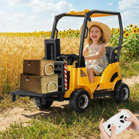 Garvee Chariot Élévateur Électrique pour Enfants 12 V avec Fonction de Levage et Télécommande, Cadre Robuste, Jaune, pour Intérieur et Extérieur, 3 à 7 Ans