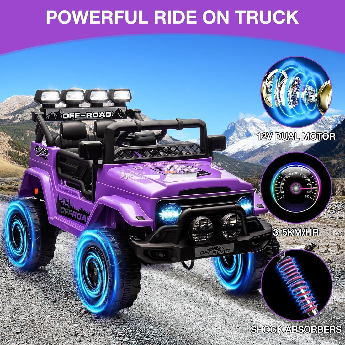 Garvee Voiture Électrique pour Enfants 12 V, Jeep Tout-Terrain Violet, 4 Roues Motrices, Télécommande 2,4 GHz, Éclairage LED et Musique, 3 à 8 Ans
