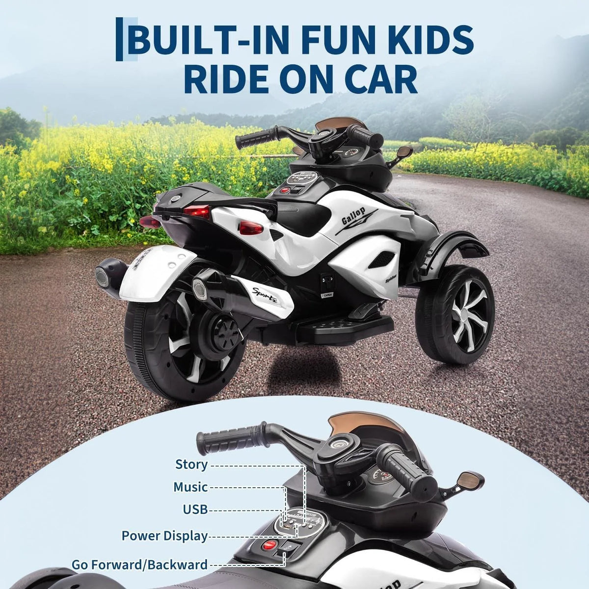Garvee Tricycle Électrique pour Enfants 12 V, 3 Roues, Démarrage Doux, Éclairage LED et Musique, Plastique Résistant, pour Enfants de 3 à 8 Ans, Blanc