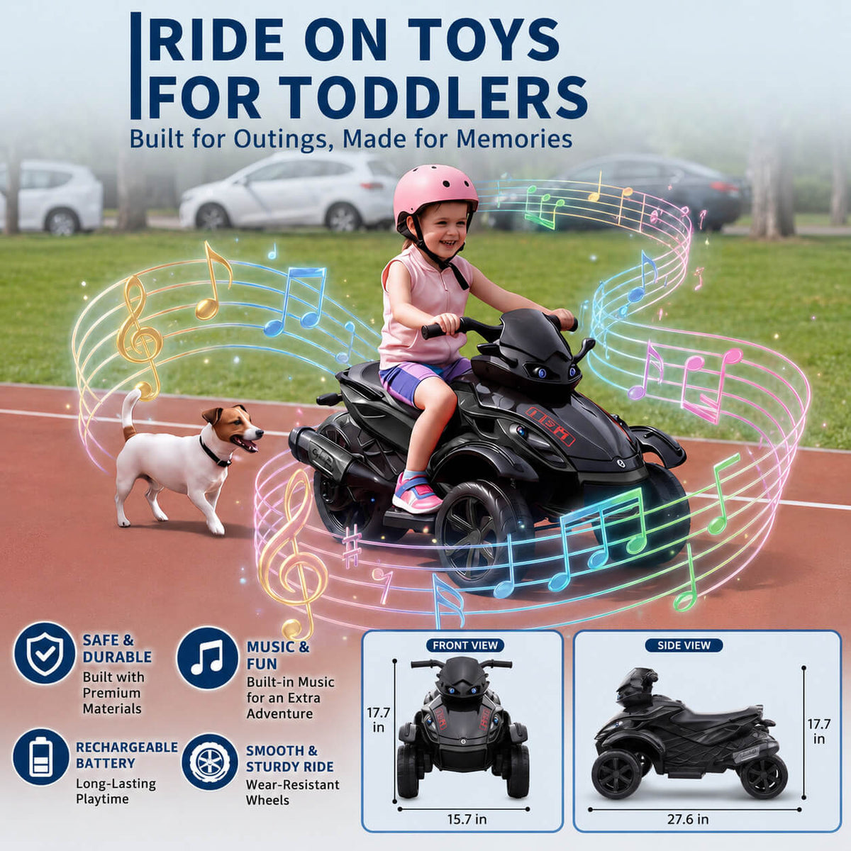 Garvee Tricycle Électrique pour Enfants 12 V, 3 Roues, Démarrage Doux, Éclairage LED et Musique, Plastique Résistant, pour Enfants de 3 à 8 Ans, Noir