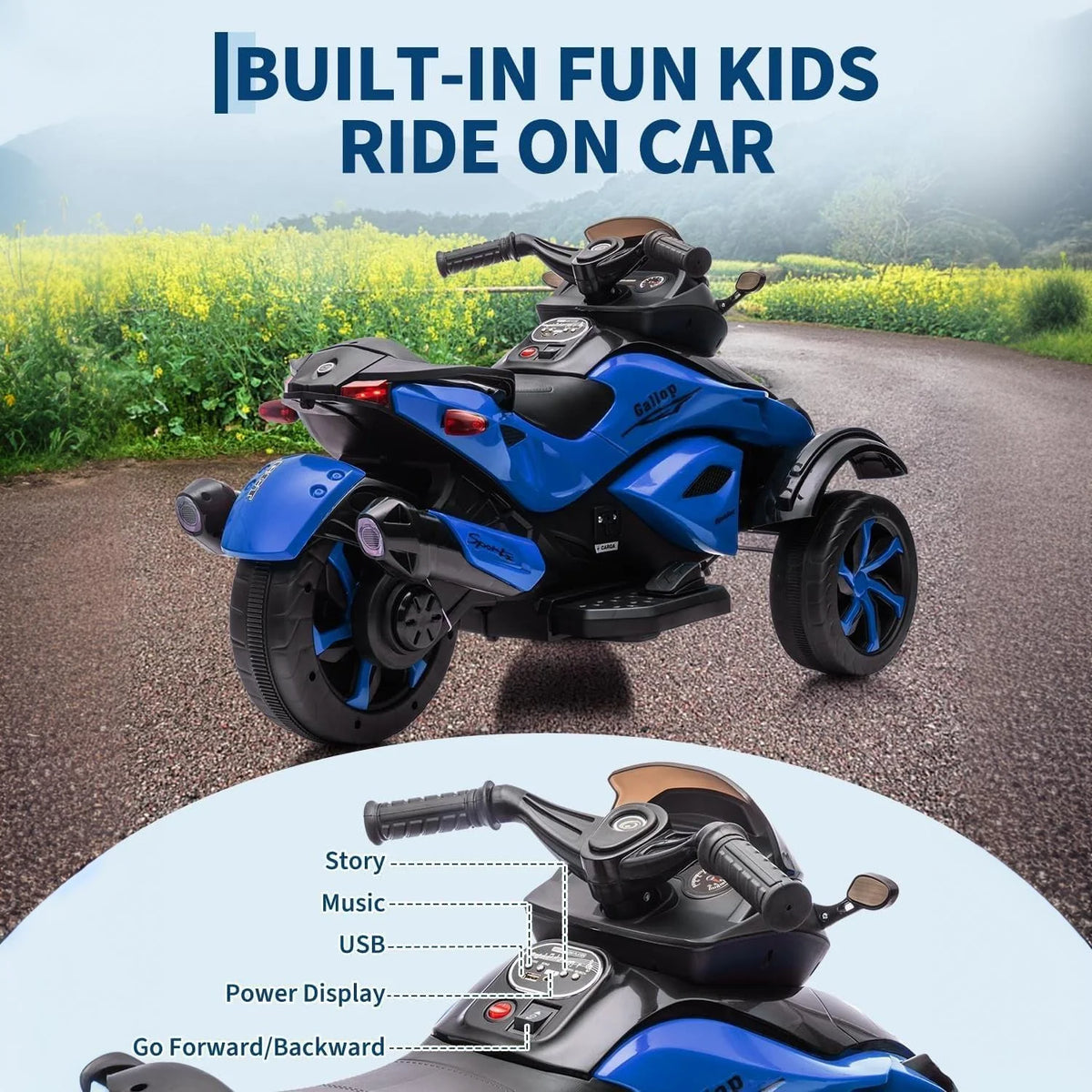 Garvee Tricycle Électrique pour Enfants 12 V, 3 Roues, Démarrage Doux, Éclairage LED et Musique, Plastique Résistant, pour Enfants de 3 à 8 Ans, Bleu