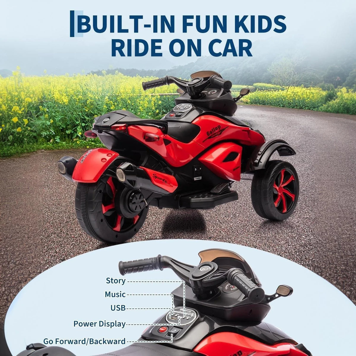 Garvee Tricycle Électrique pour Enfants 12 V, 3 Roues, Démarrage Doux, Éclairage LED et Musique, Plastique Résistant, pour Enfants de 3 à 8 Ans, Rouge