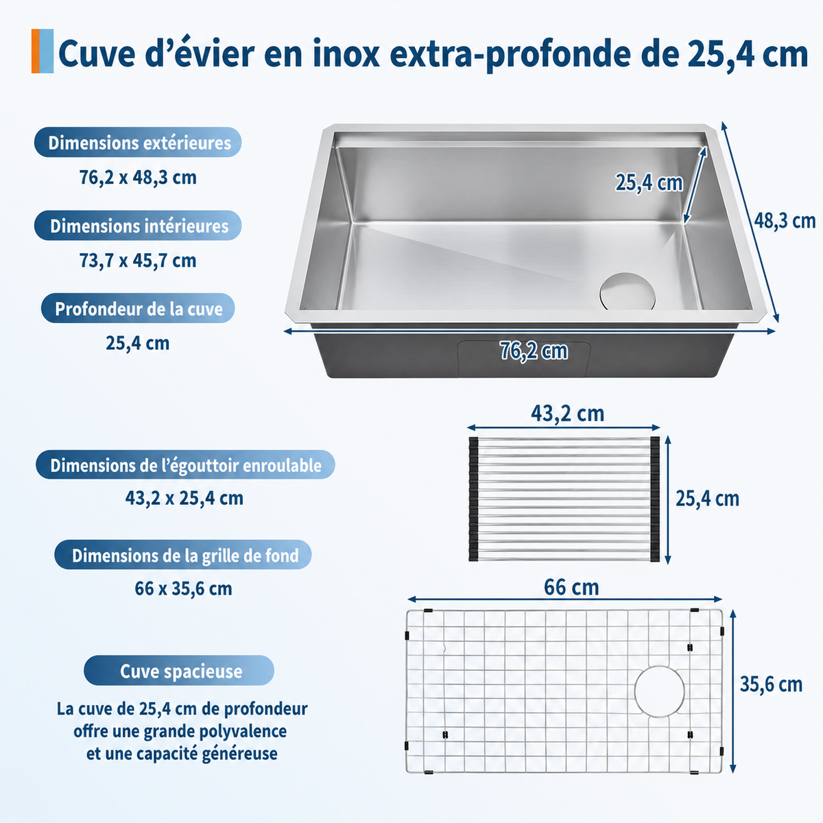 Garvee Évier de cuisine sous plan 76x48x25cm en inox 304, cuve simple avec planche à découper, égouttoir, grille et angles R10