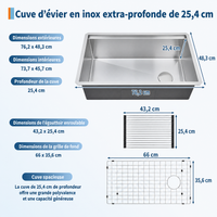 Garvee Évier de cuisine sous plan 76x48x25cm en inox 304, cuve simple avec planche à découper, égouttoir, grille et angles R10