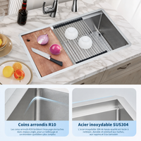 Garvee Évier de cuisine sous plan 76x48x25cm en inox 304, cuve simple avec planche à découper, égouttoir, grille et angles R10