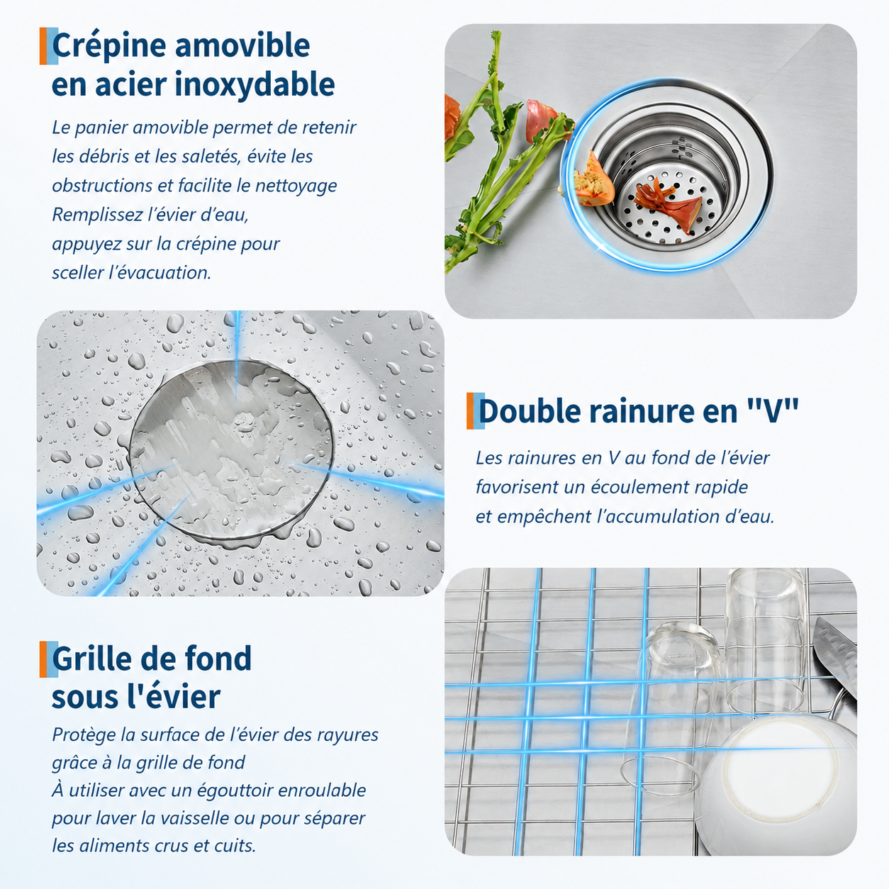 Garvee Évier de cuisine sous plan 76x48x25cm en inox 304, cuve simple avec planche à découper, égouttoir, grille et angles R10